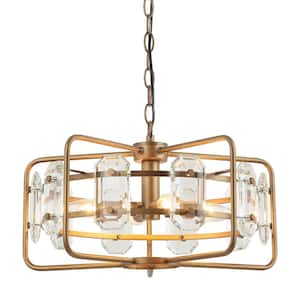 Modern 4-Light Gold Metal Cage Crystal Chandelier Round Hanging Pendant Light for Kitchen Dining Room