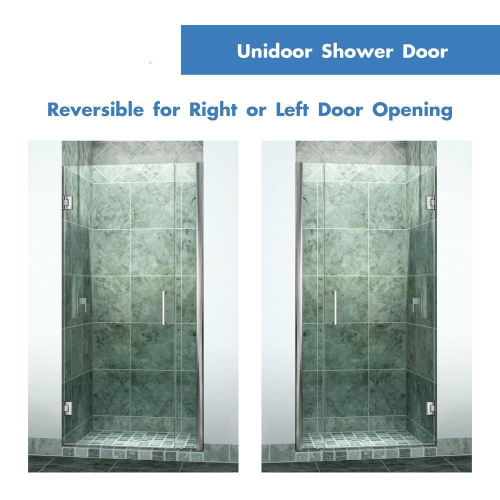 Unidoor Frameless Clear Glass Hinged Shower Door with Black Hardware