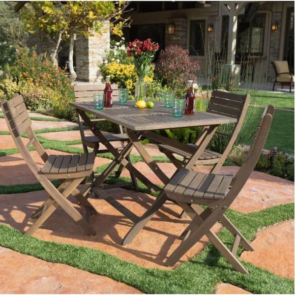 Sudzendf 5-Piece Acacia Wood Outdoor Dining Set, Patio Furniture Set include folding table and chairs for Garden, Backyard, Gray