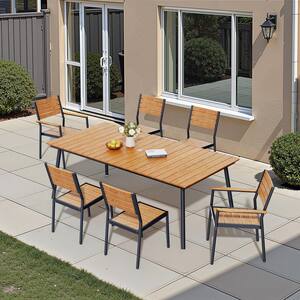 82.7 in. Brown Aluminum Wood-Like Outdoor Dining Set with Umbrella Hole and Stackable Chairs (7 Pieces)