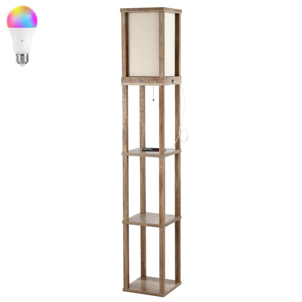 63.5" Beige Wooden 3-Shelf Floor Lamp with USB Port