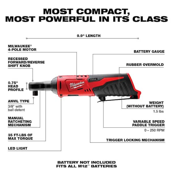 Milwaukee M12 12V Lithium-Ion Cordless 3/8 in. Ratchet with 1/4 in. Right  Angle Hex Impact Driver and 6.0 Ah XC Battery 2457-20-2467-20-48-11-2460  The Home Depot