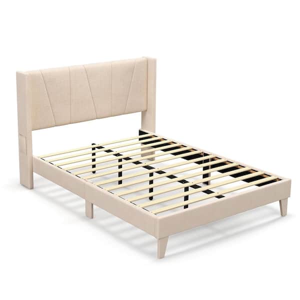 Costway Beige Wood Frame Full Size Upholstered Platform Bed Frame with Elastic Pockets Mattress Foundation