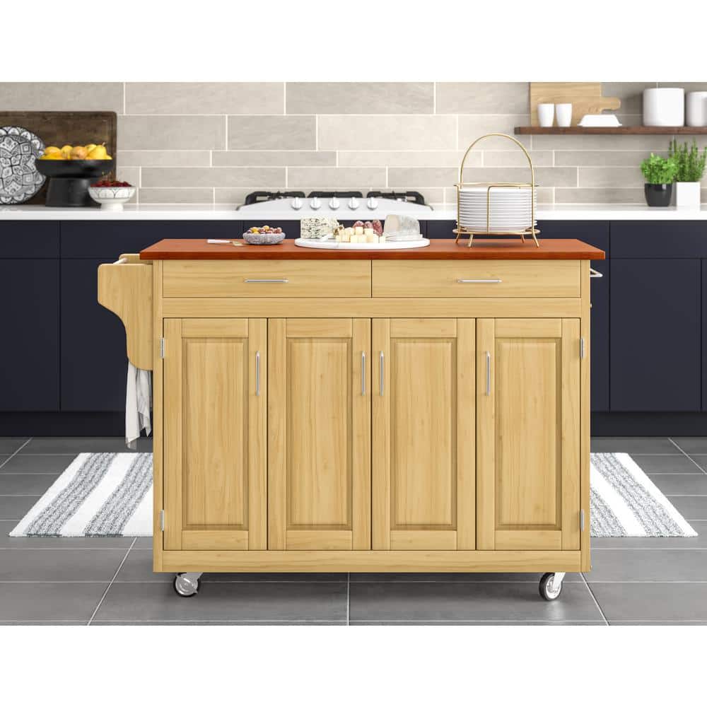 Natural Wood Kitchen Cart with Oak Top and Storage