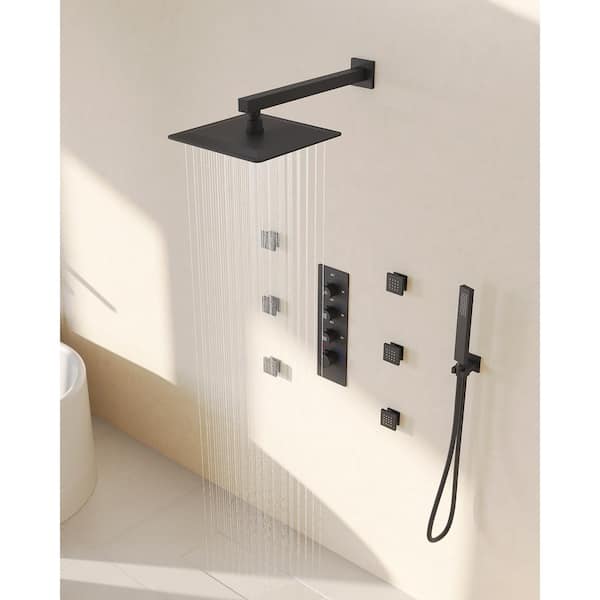 GRANDJOY Thermostatic Shower 7-Spray Wall Mount 12 in. Fixed and Handheld Shower Head 2.5 GPM in Matte Black Valve Included