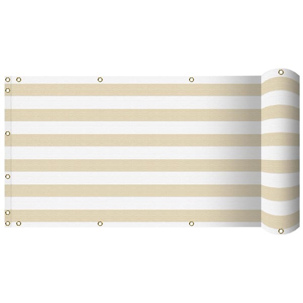 BANSA ROSE 3 ft. x 12 ft. Beige White Stripes Balcony Privacy Fence Screen with UV Blockage for Balcony Porch Patio Deck Yard