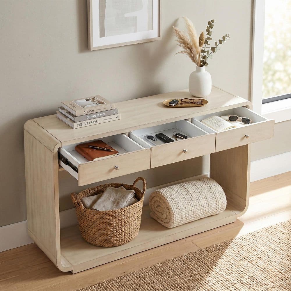Anik 55.07 in. Natural Rectangle Antique-Style Wood Console Table with 3 Storage Drawers price history on PriceWatchPro