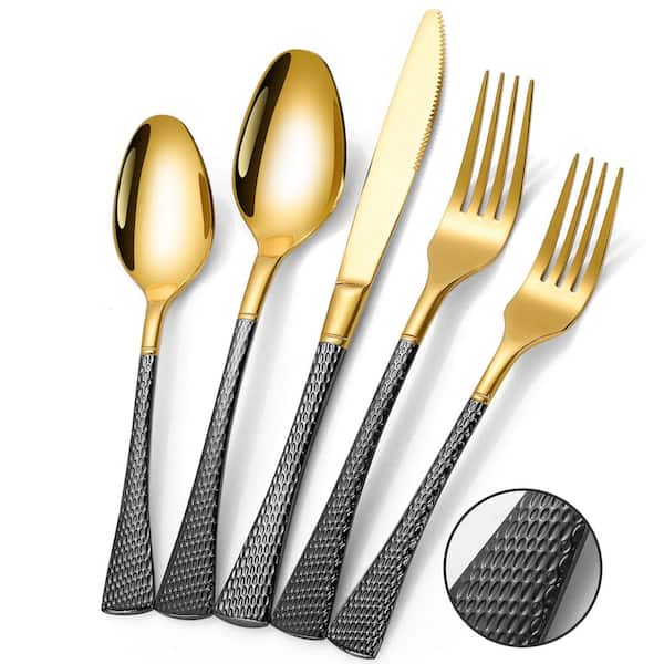 Hammered Black Gold Silverware Set, 20 Piece Modern Flatware for 4, Mirror Polished Stainless Steel Set