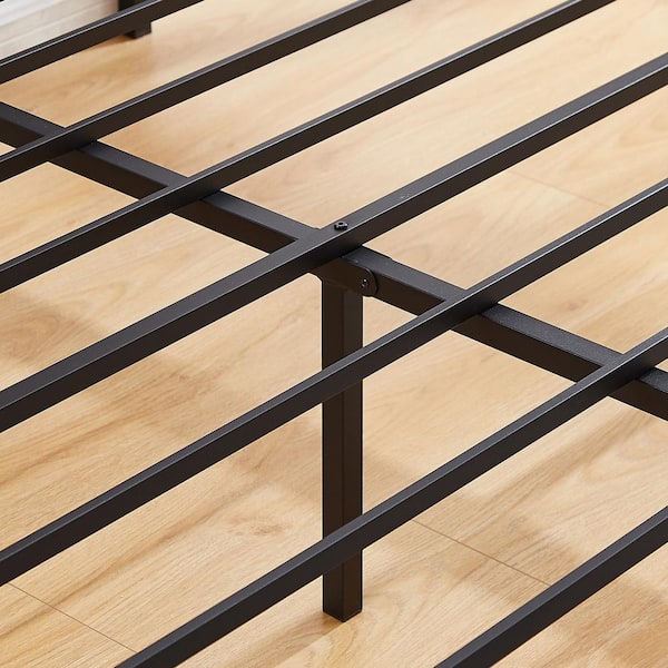 Bed Frame Gray Metal Frame Full Size Platform Bed with Wooden Headboard, Strong Metal Slat Support and Under-Bed Storage