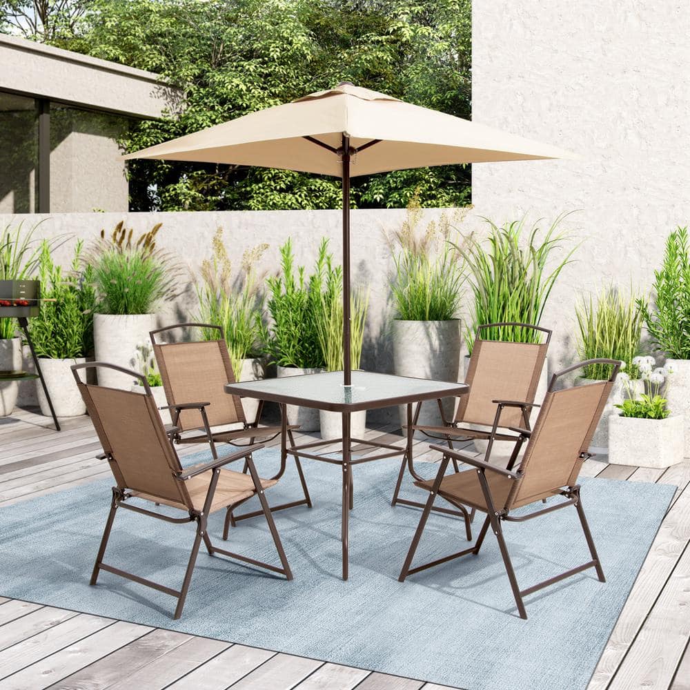 6-Piece Brown Steel Patio Dining Set with Tempered Glass Table and Umbrella
