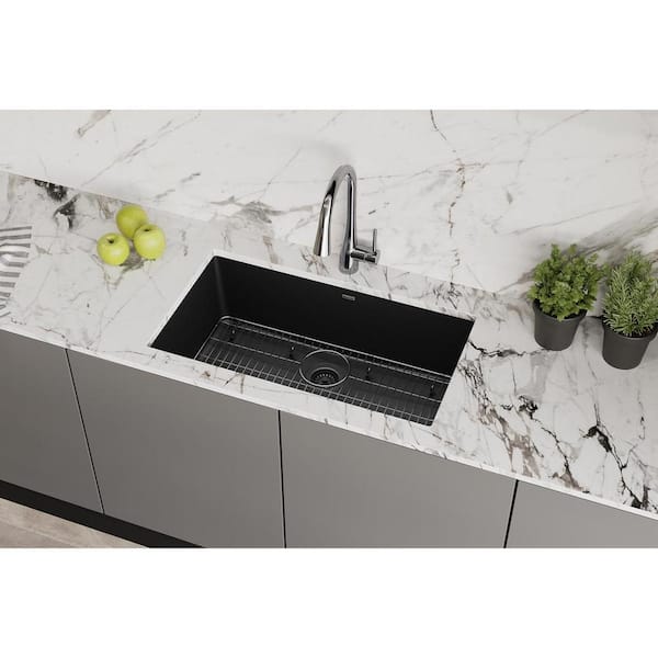 Quartz Classic 33 in. Undermount Single Bowl Black Granite/Quartz Composite Kitchen Sink Kit w/ Accessories