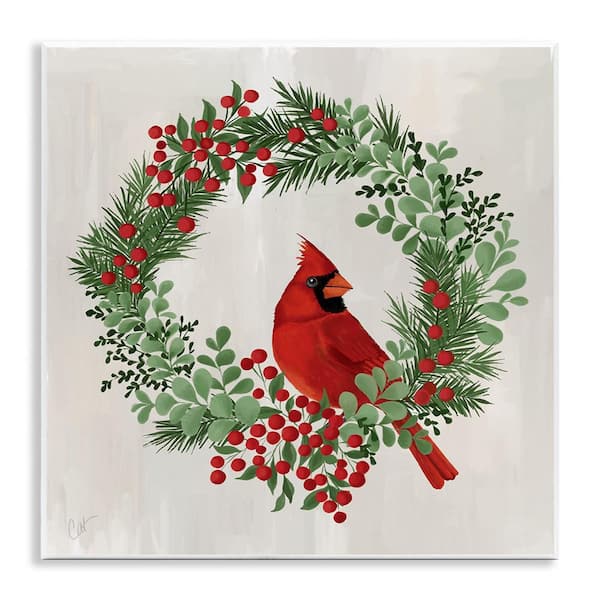 Perched Cardinal Festive Wreath by Cat Thurman Designs 1 Piece Unframed Graphic Animal Art Print 12 in. x 12 in.