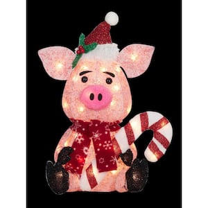 20 in. UL Glittering White light Thread Pig with Candy Cane Sculpture