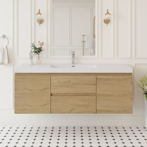 59.06 in. W x 19.69 in. D x 22.44 in. H Wall Hung Bath Vanity in Natural Oak with Resin Single Basin Vanity Top in White
