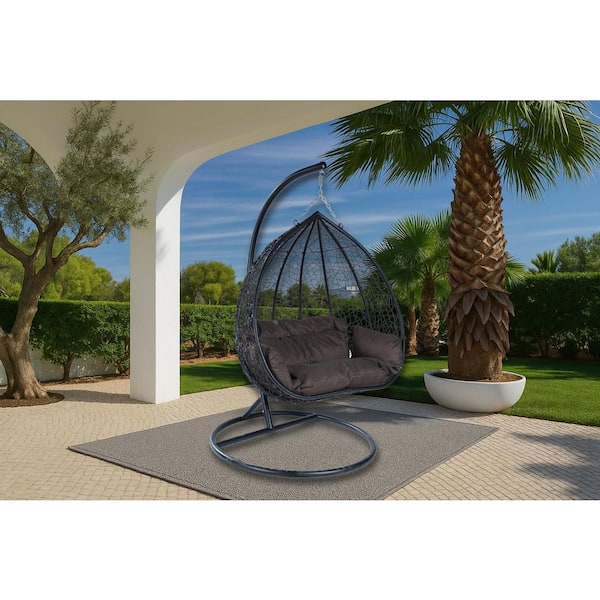 Hanging Metal Porch Swing Chair in Black Stainless Steel Frame with Cushions Recluse Collection in Brown
