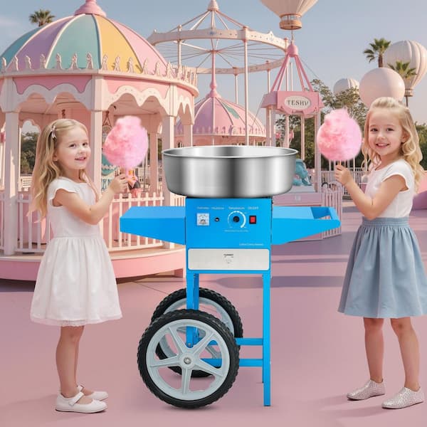 Electric Cotton Candy Machine with Cart, 1000 W Commercial Candy Floss Maker with 20.5 in. Stainless Steel Bowl, Blue