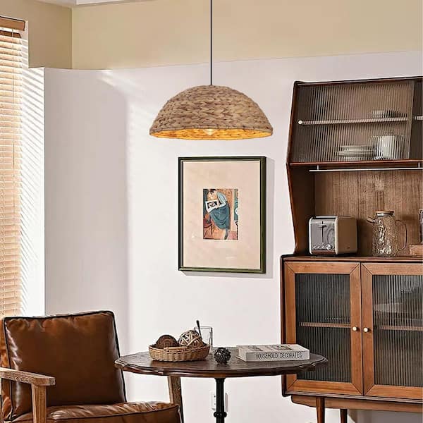 1-Light Dome Black Hanging Pendant Light Linear Chandelier with Rattan Shaded for Kitchen Island