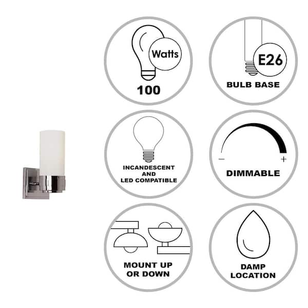 Fusion 1-Light Polished Chrome Indoor Wall Sconce Light Fixture with Frosted Glass Shade