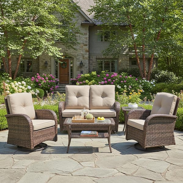 5-Piece Wicker Patio Conversation Set with Beige Cushions