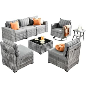 Tahoe Grey 8-Piece Wicker Outdoor Patio Conversation Sofa Set with a Swivel Rocking Chair and Striped Grey Cushions