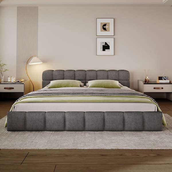 Jackson Modern Gray Chenille Upholstered Wood Frame Queen Size Platform Bed with Checkerboard Design