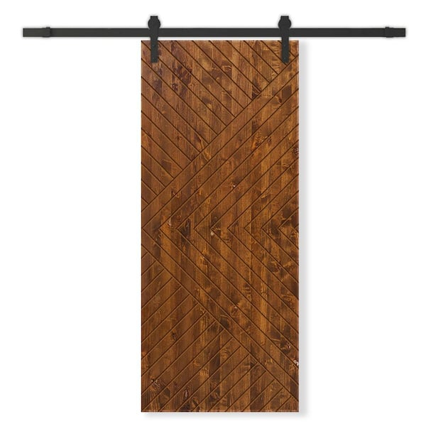 CALHOME 42 in. x 96 in. Walnut Stained Pine Wood Modern Interior Sliding Barn Door with Hardware Kit