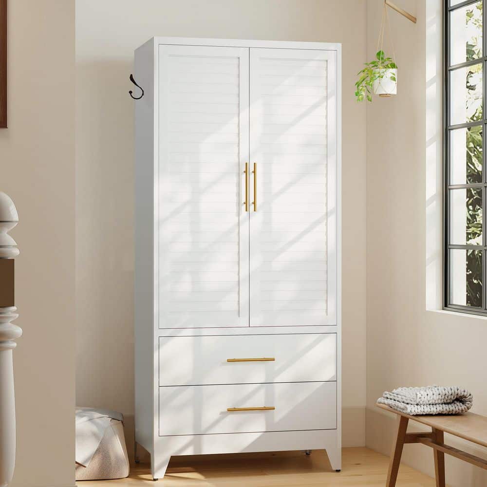 Modern White Metal 31.5 in. Wardrobe Armoire with 2 Drawers, Removable Shelf and Hanging Rod