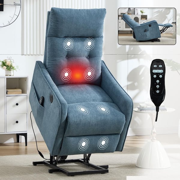 Blue Ergonomic Chenille Power Lift Recliner with Heavy Duty, Heat, Massage and USB