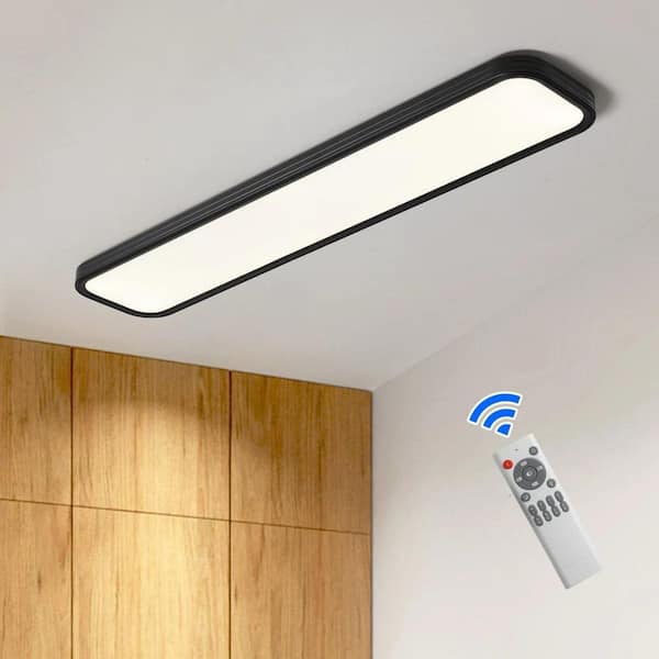 39.4 in. 48-Watt Modern Black Dimmable Integrated LED Flush Mount with White Acrylic Shade and Remote for Living Room