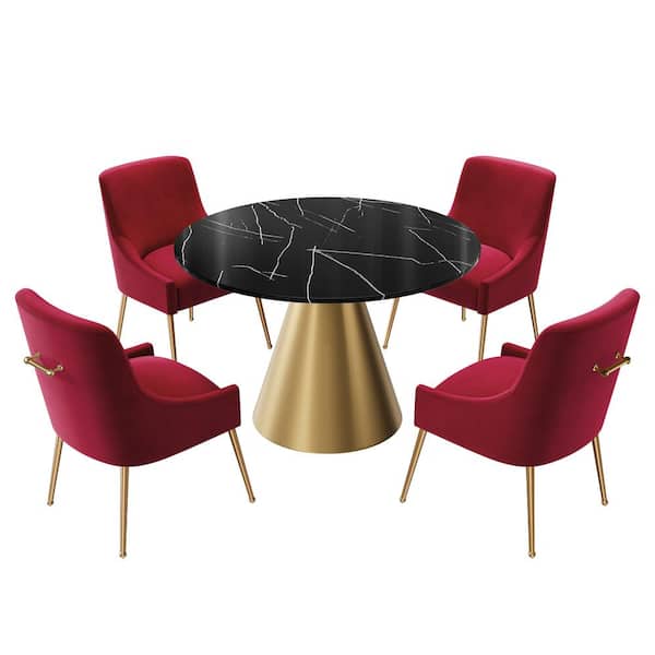 Clihome 5-Piece Black Marble Counter Top Dining Table Set Seats 4(4 Red Chairs)