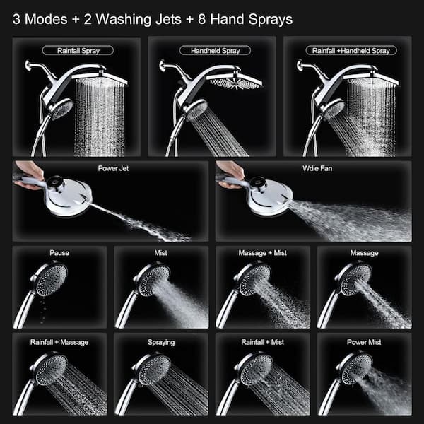 1-Piece Rain Shower Head with Handheld Spray Combo in Chrome with Fixed Showerhead and 10 Sprays Handheld Shower Head