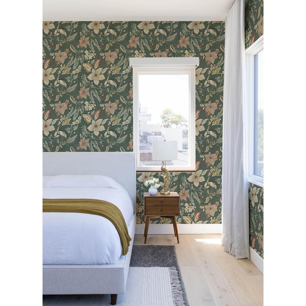 Sea Green Floral Non-Woven Wallpaper with Crowned Cranes