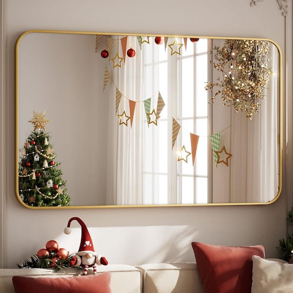 XRAMFY 30 in. W x 47 in. H Rectangular Modern Aluminum Alloy Framed Rounded Gold Wall Mirror