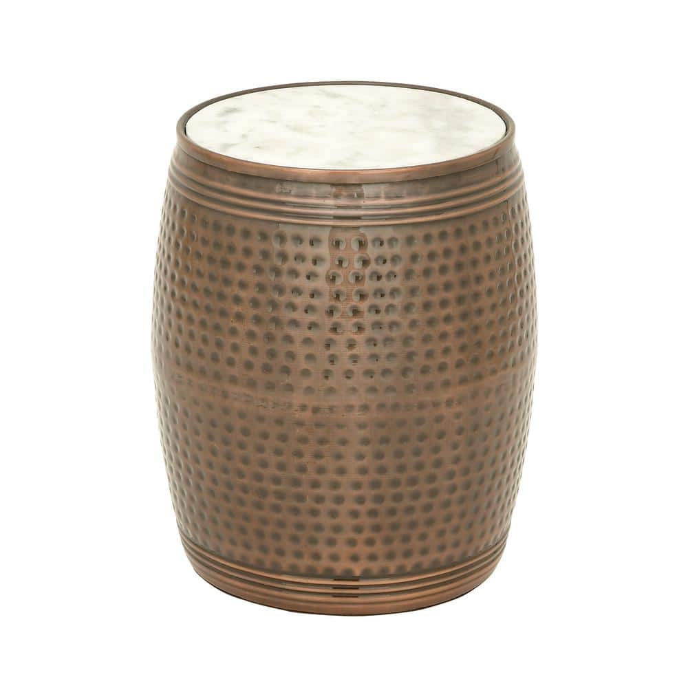 Copper Hammered Barrel Side Table with White Marble Top - 16"x19"