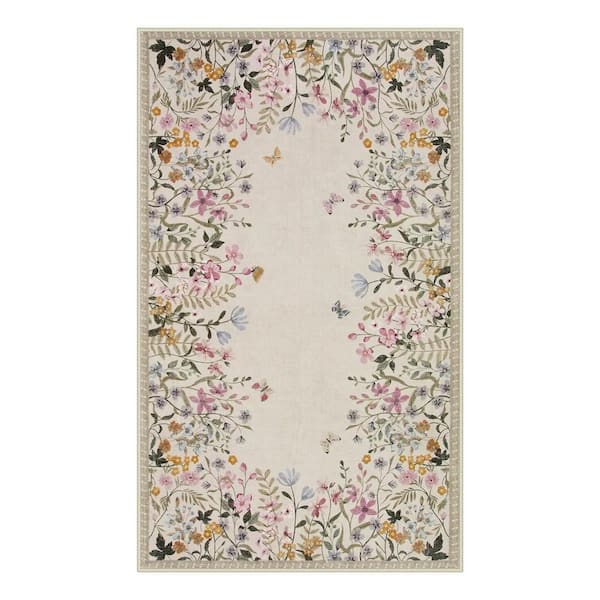 5 X 7 Machine Washable Beige Spiral Design Vintage Floral Low Pile Non Slip Soft Indoor Area Rug