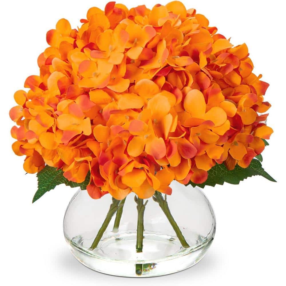 花 U 9.5 in. Orange Indoor Artificial Hydrangea Flowers in Glass Vase