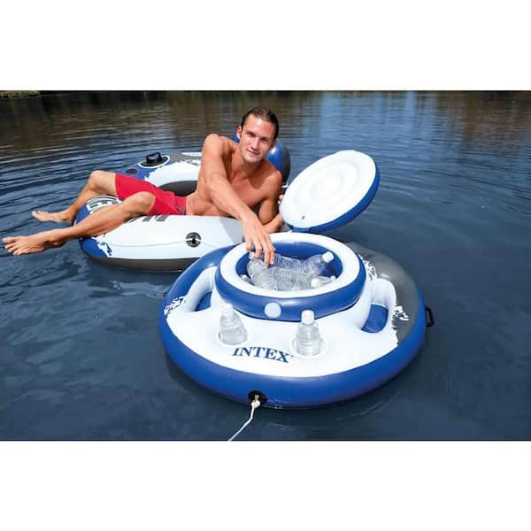 Inflatable Pool Cooler Mega Chill Floating Beverage Bar Chest 6 Cup Holders Blue 