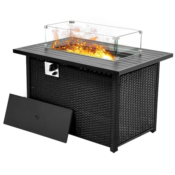 DEXTRUS 42 in. PE Rattan Outdoor Propane Gas Fire Pit Table 50,000 BTU Auto-Ignition Gas Firepit with Removable Lid in Brown