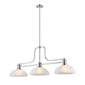 Melange 3-Light Chrome Billiard Light with White Linen Glass Shade Island or with No Bulbs Included