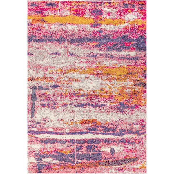 Contemporary Pop Modern Abstract Brushstroke Pink/Cream 8 ft. x 10 ft. Area Rug