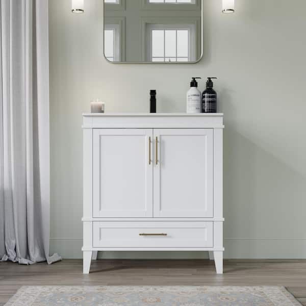 30 in. White Rubber Solid Wood Plywood Bath Vanity with White Ceramic Top Soft-Close Door Drawer