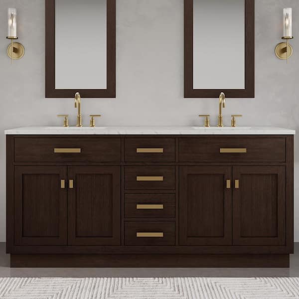 Chestnut 72 in. W x 21.5 in. D x 34.2 in. H Double Sink Bath Vanity in Brown Oak with Carrara White Marble Top