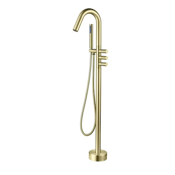 3-Handle Freestanding Tub Faucet with Hand Shower Brass Modern Floor Mount Bath Tub Filler with Sprayer in Brushed Gold
