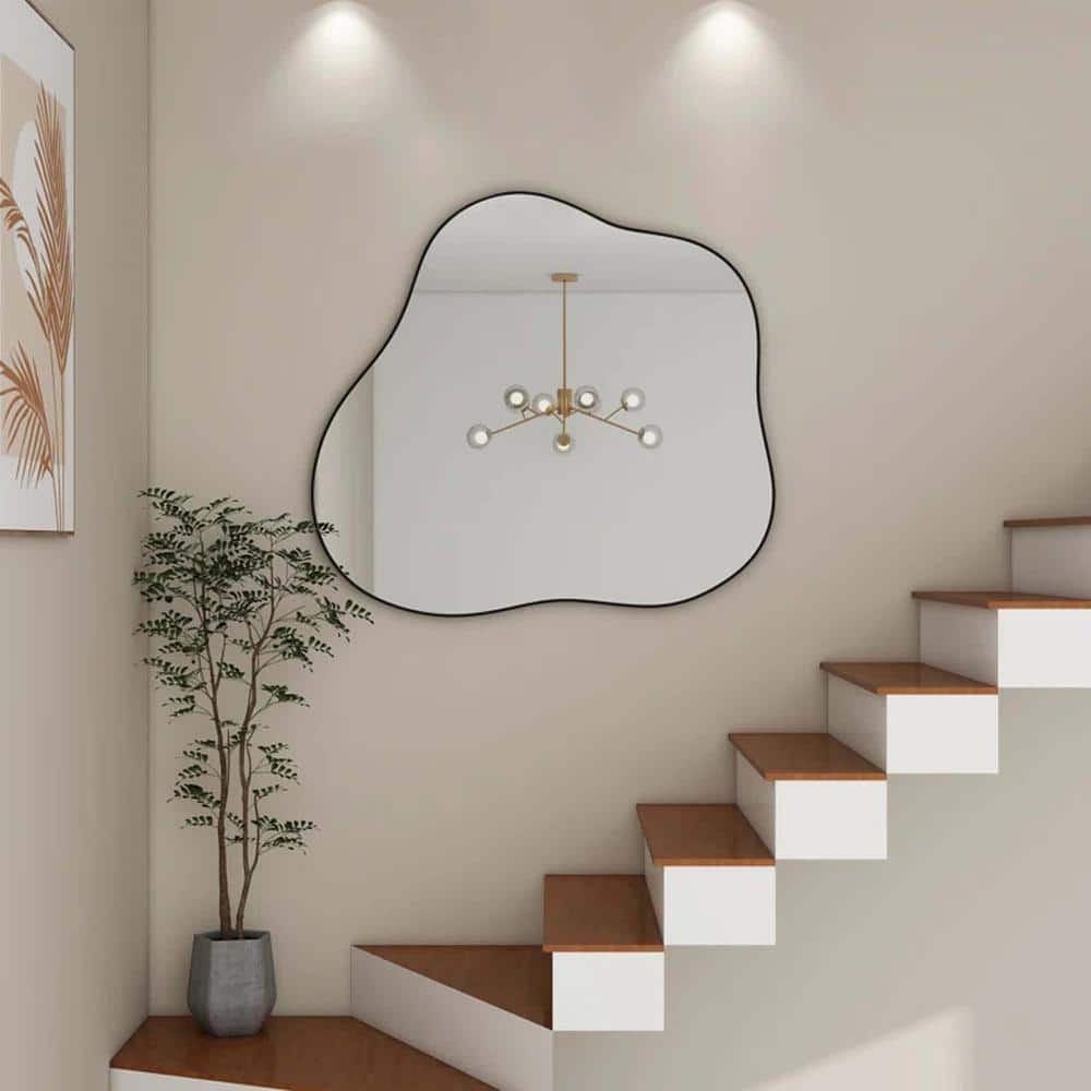 Black 31.5 in. W x 29.5 in. H Irregular Decorative Wall Mirror Metal Asymme