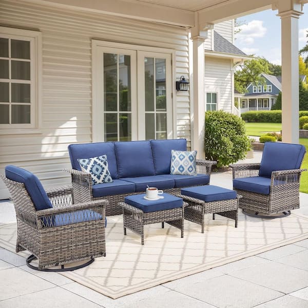 5-Piece Wicker Patio Conversation Set, Outdoor Swivel Chairs, Sofa and Footstools with Blue Cushions
