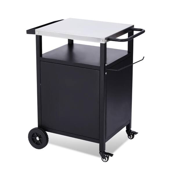 4-Wheel Black BBQ Cart with Stainless Steel Top, Single-Door Cabinet Grill Station