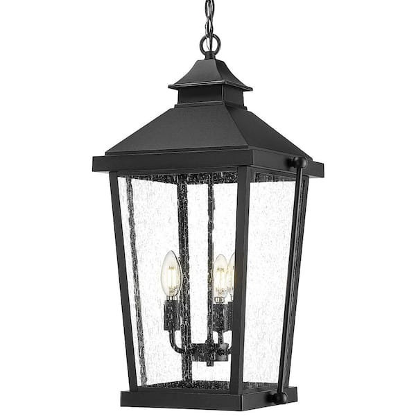 JAZAVA 14 in. 3-light Black Finish Outdoor Pendant Light with Seeded Glass and No Bulbs Included