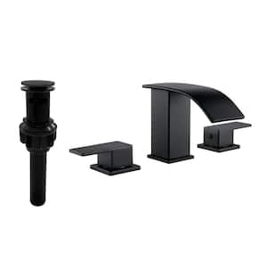 Double Handle 3-hole Bathroom Faucet with a Flat Spout and Pop Up Drain in Matte Black