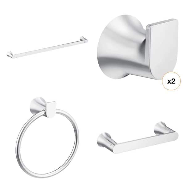 Genta Chrome Bathroom Set: Towel Ring, Pivoting Toilet Paper Holder, 24 in. Towel Bar, Robe Hook (5 Piece)