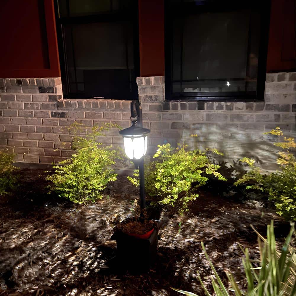Black Solar Lamp Post with Planter and Crackle Glass Shade